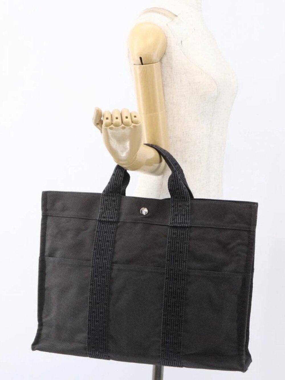 HERMES Her Line Tote MM Hand Bag Canvas Gray Silver